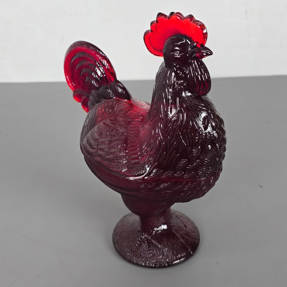 Vintage Ruby Red Slag Glass Rooster Candy Dish Pedestal Covered Compote 2pc - Picture 2 of 14